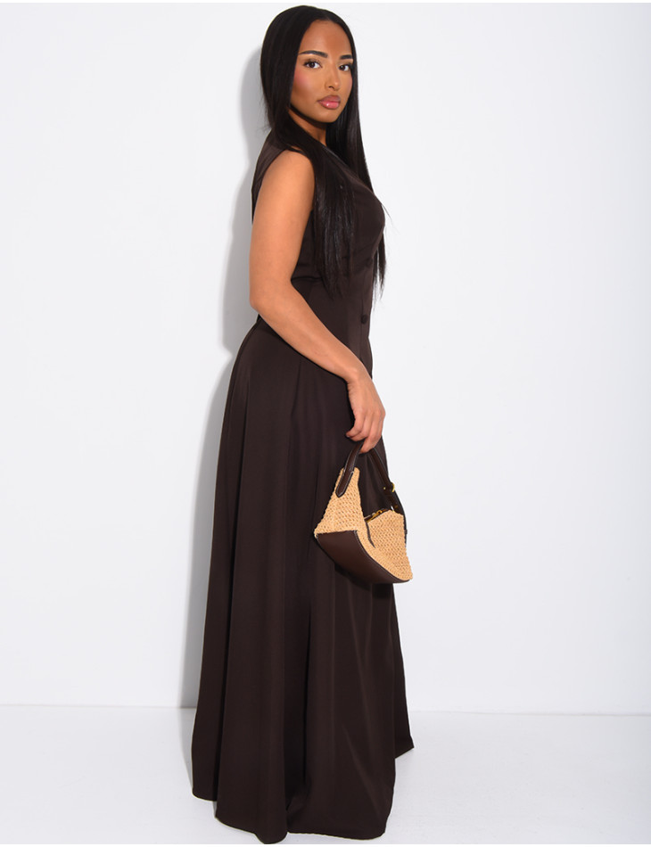 Long, sleeveless button-up dress with a tie at the back