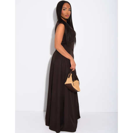 Long, sleeveless button-up dress with a tie at the back