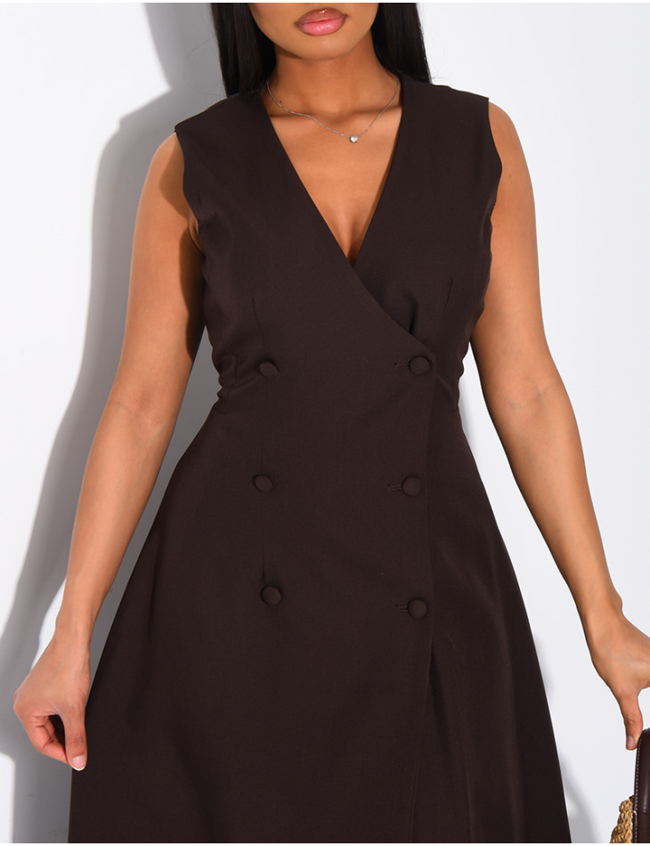 Long, sleeveless button-up dress with a tie at the back