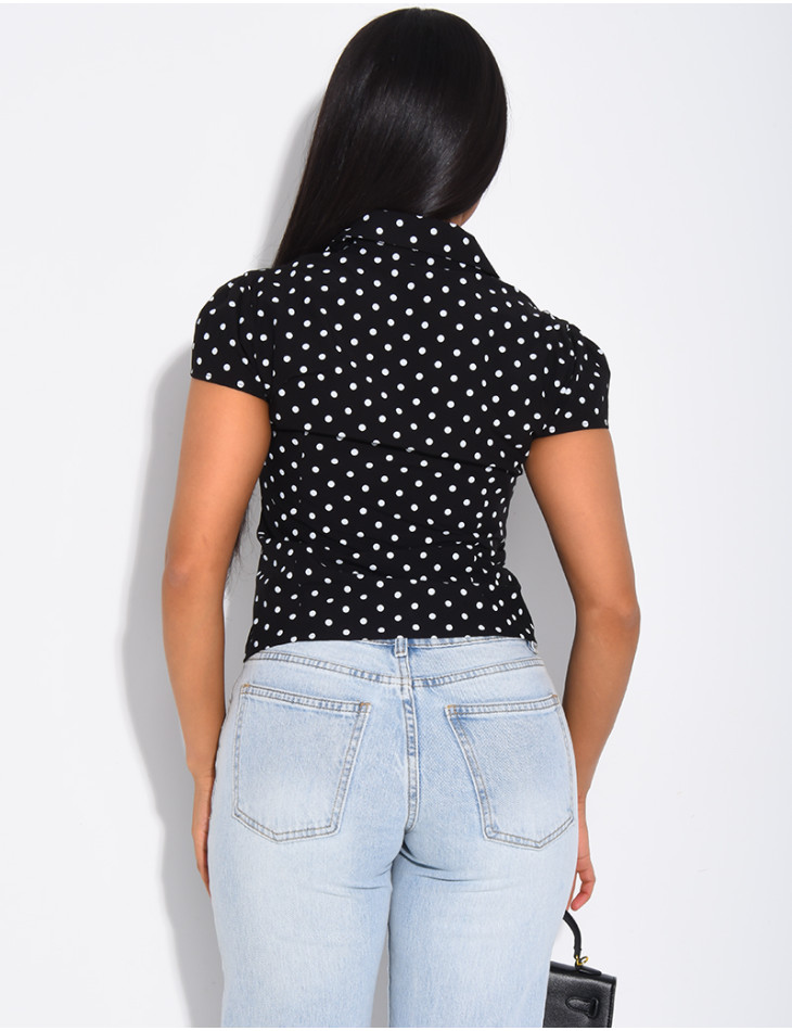 Kurzärmelige Bluse mit Rüschen und Punktmuster