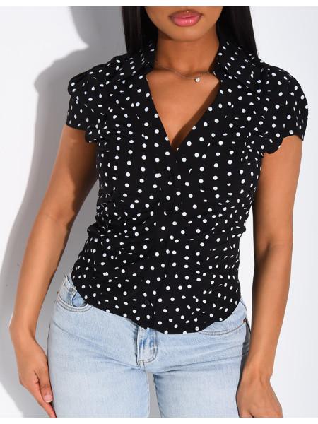 Kurzärmelige Bluse mit Rüschen und Punktmuster