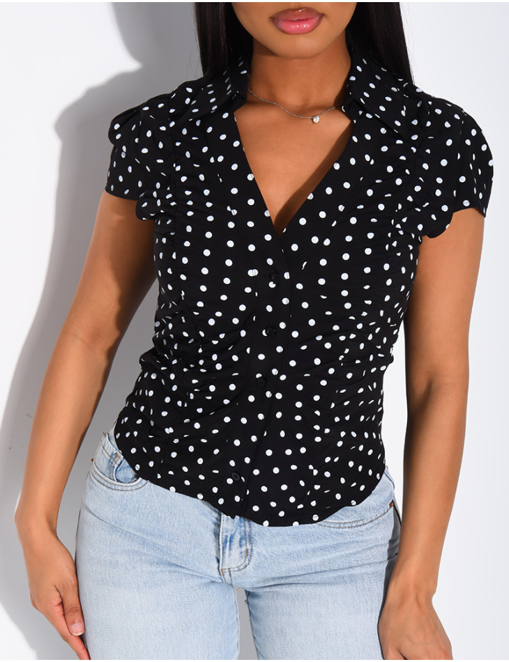 Kurzärmelige Bluse mit Rüschen und Punktmuster