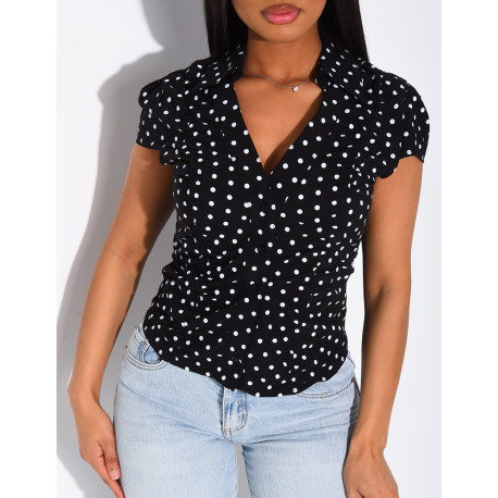 Kurzärmelige Bluse mit Rüschen und Punktmuster