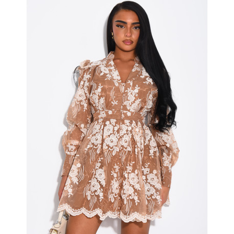 Short voile dress with embroidered puff sleeves and epaulettes