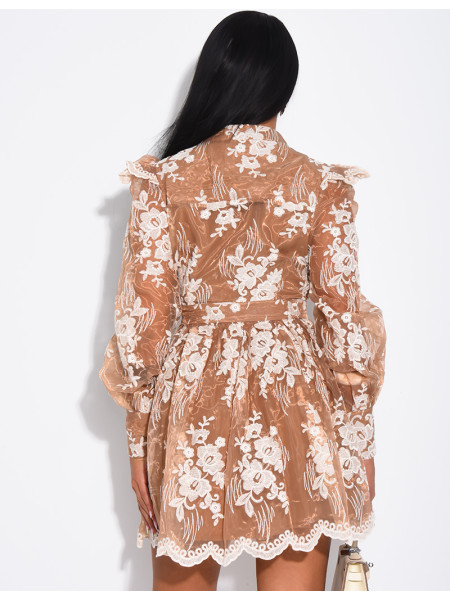 Short voile dress with embroidered puff sleeves and epaulettes