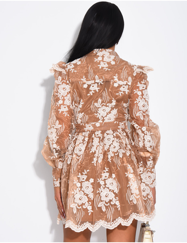 Short voile dress with embroidered puff sleeves and epaulettes