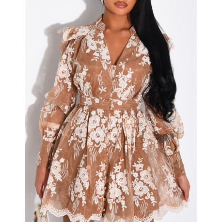 Short voile dress with embroidered puff sleeves and epaulettes