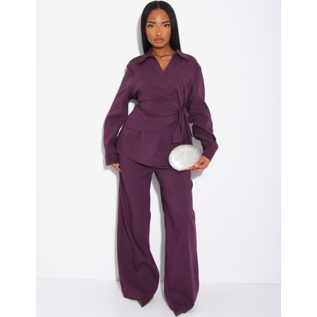 Tie-front blouse and straight-leg linen-effect trousers set
