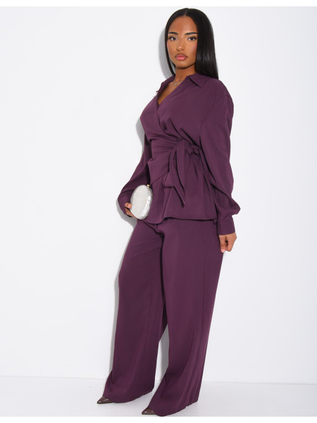 Tie-front blouse and straight-leg linen-effect trousers set