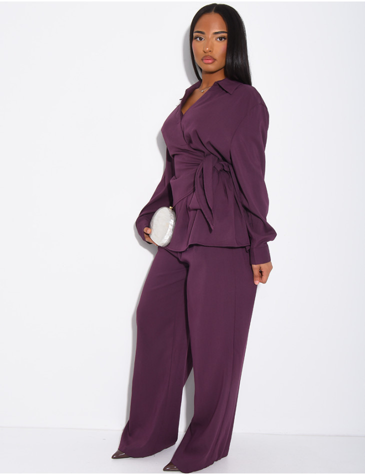 Tie-front blouse and straight-leg linen-effect trousers set