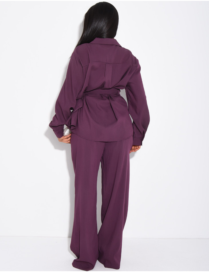 Tie-front blouse and straight-leg linen-effect trousers set