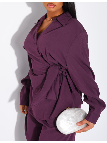 Tie-front blouse and straight-leg linen-effect trousers set