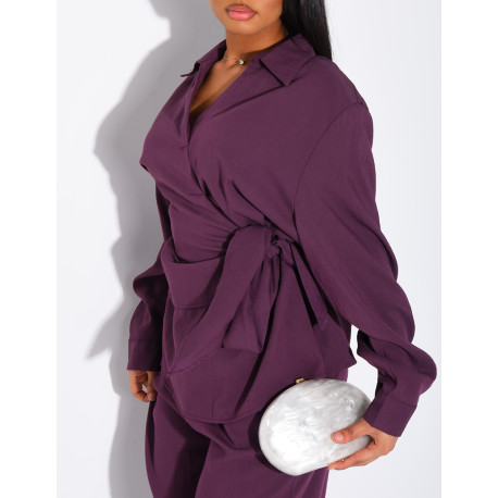 Tie-front blouse and straight-leg linen-effect trousers set