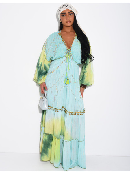 Long bohemian dress with embroidery and beads