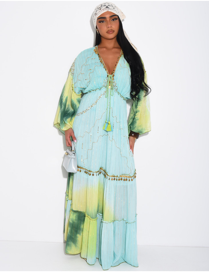Long bohemian dress with embroidery and beads