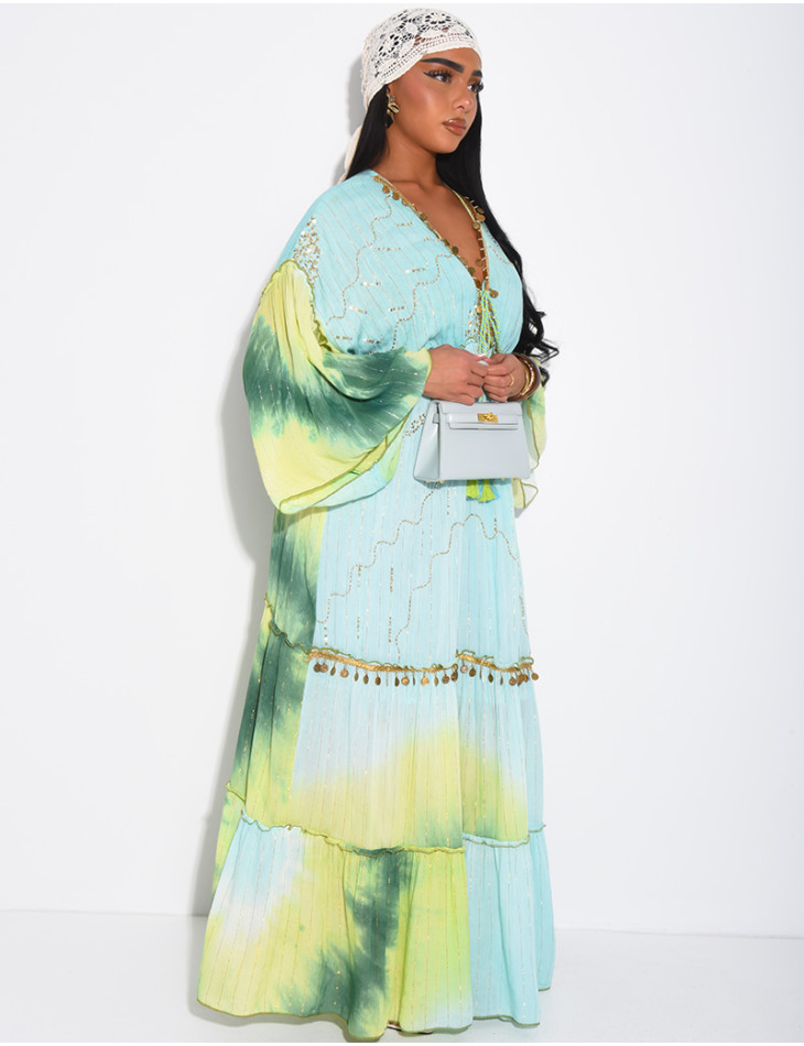 Long bohemian dress with embroidery and beads