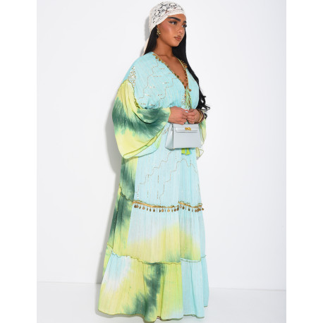 Long bohemian dress with embroidery and beads