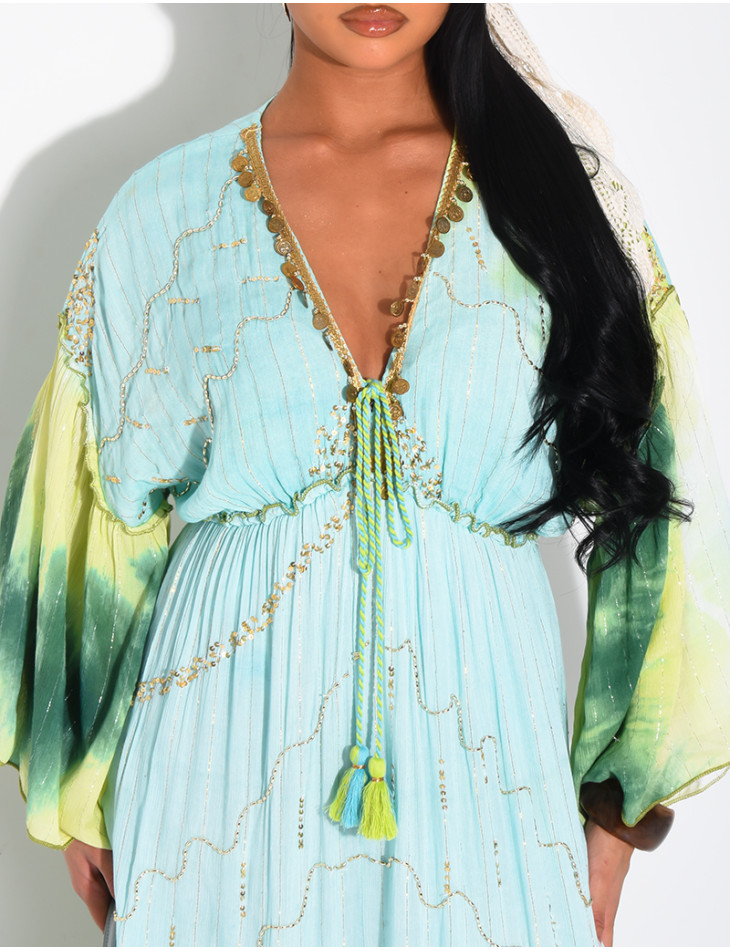 Long bohemian dress with embroidery and beads