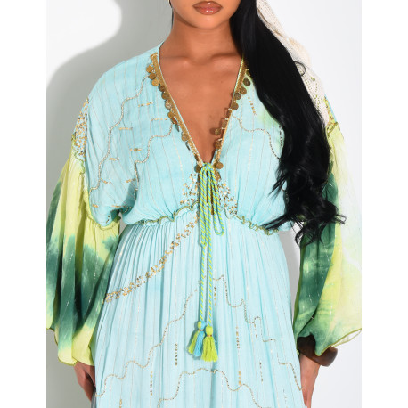 Long bohemian dress with embroidery and beads