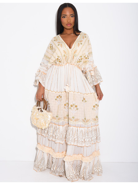 Robe bohème longue à broderies et perles