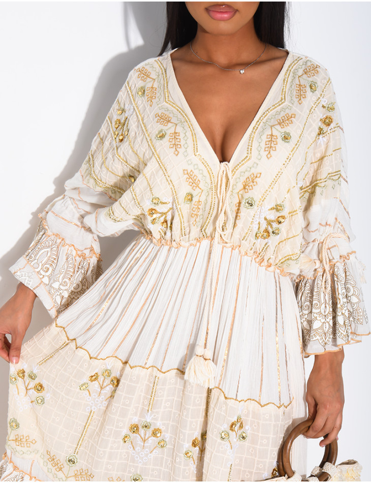 Robe bohème longue à broderies et perles