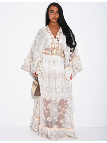 Long bohemian dress with embroidery and beads