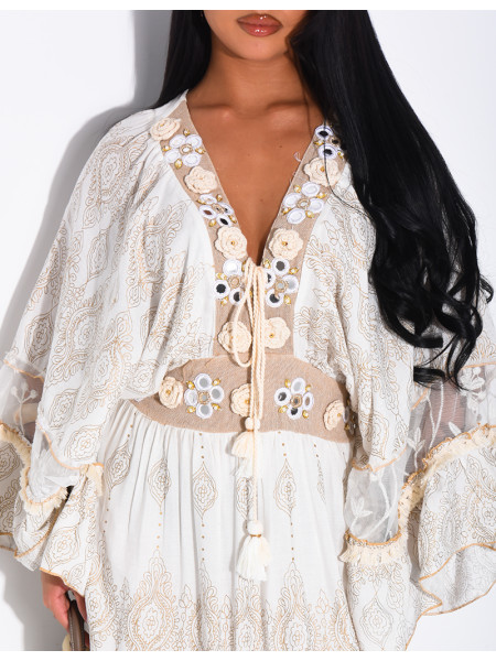 Long bohemian dress with embroidery and beads