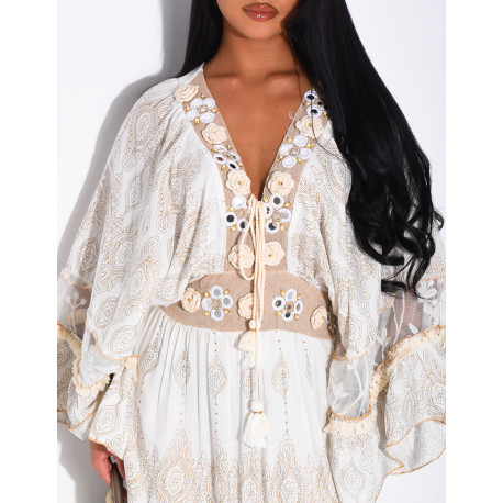 Long bohemian dress with embroidery and beads