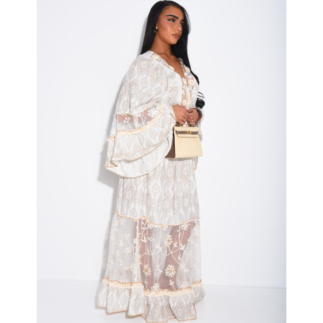 Long bohemian dress with embroidery and beads