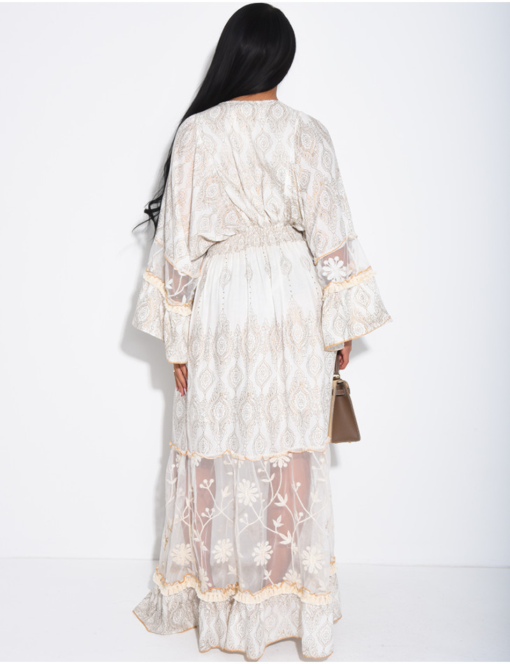 Long bohemian dress with embroidery and beads