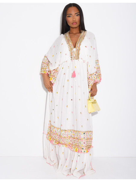 Long bohemian dress with embroidery and beads