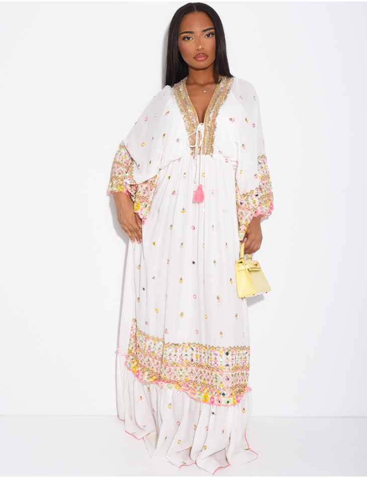 Long bohemian dress with embroidery and beads
