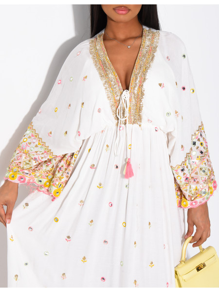Long bohemian dress with embroidery and beads