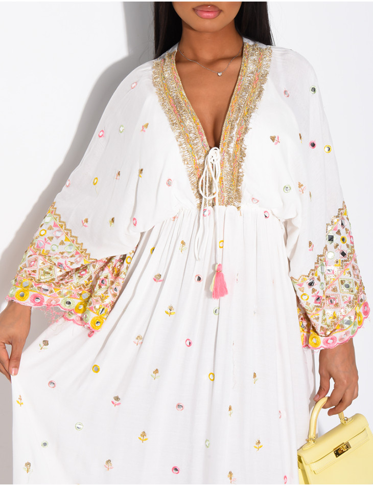 Long bohemian dress with embroidery and beads