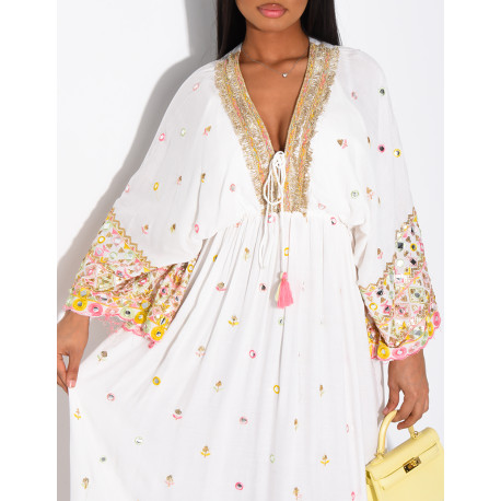 Long bohemian dress with embroidery and beads