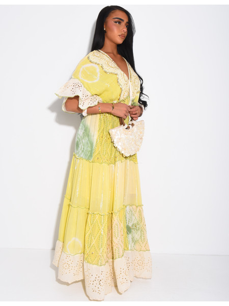 Long bohemian dress with embroidery and beads