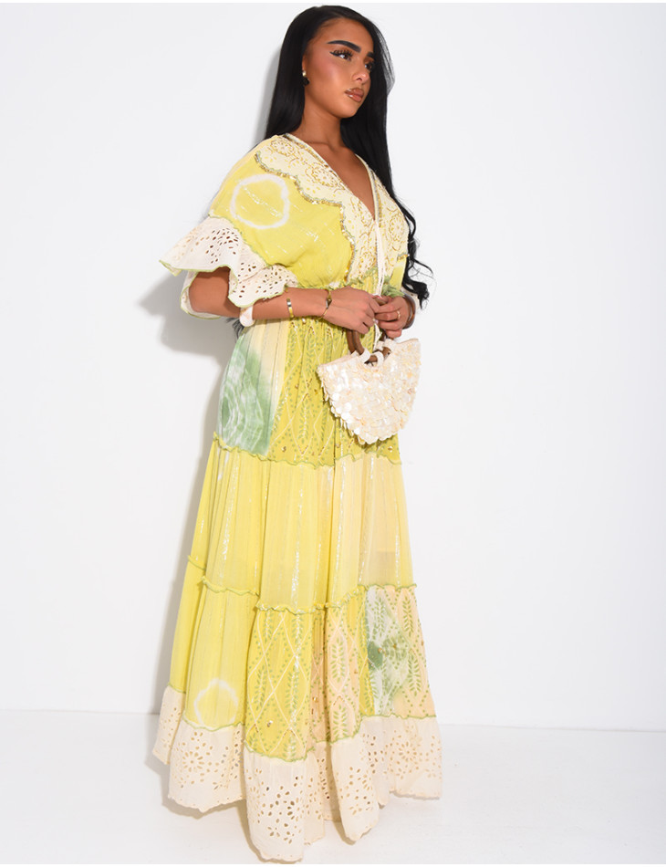 Long bohemian dress with embroidery and beads