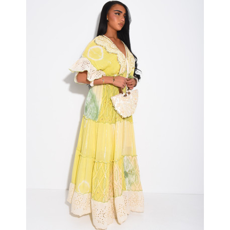 Long bohemian dress with embroidery and beads