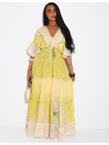 Long bohemian dress with embroidery and beads