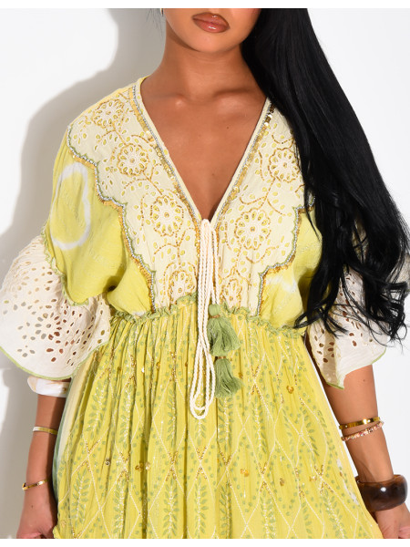 Long bohemian dress with embroidery and beads