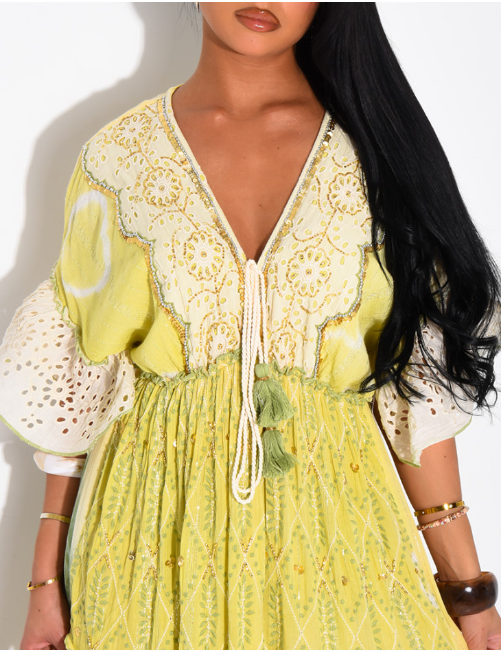 Long bohemian dress with embroidery and beads