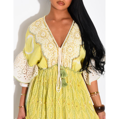 Long bohemian dress with embroidery and beads