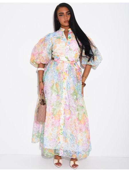 Floral-print voile button-down dress with a belt