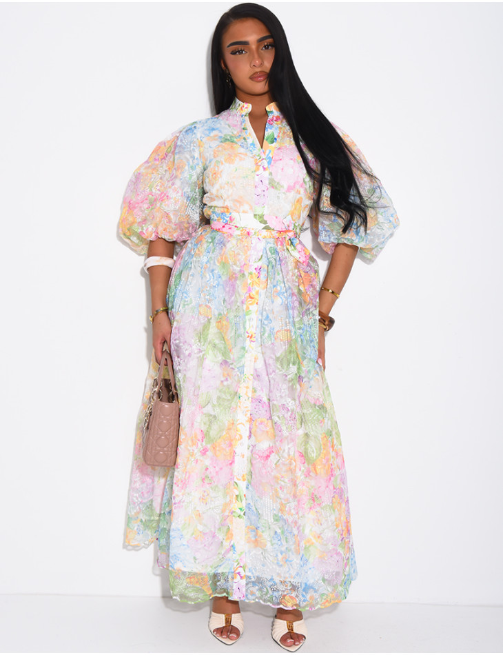 Floral-print voile button-down dress with a belt