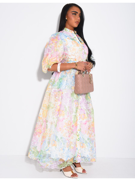 Floral-print voile button-down dress with a belt