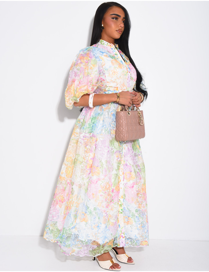 Floral-print voile button-down dress with a belt