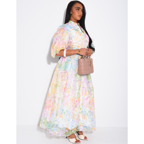 Floral-print voile button-down dress with a belt