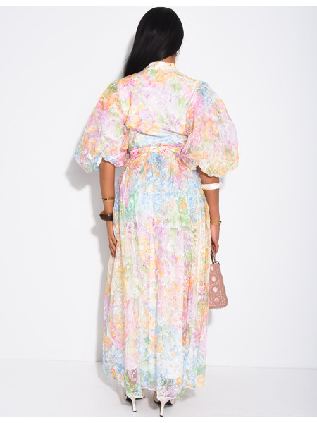 Floral-print voile button-down dress with a belt