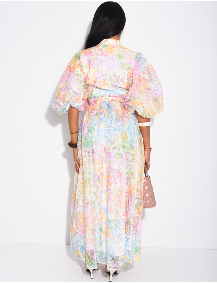 Floral-print voile button-down dress with a belt