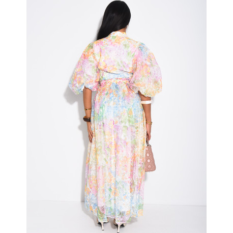 Floral-print voile button-down dress with a belt